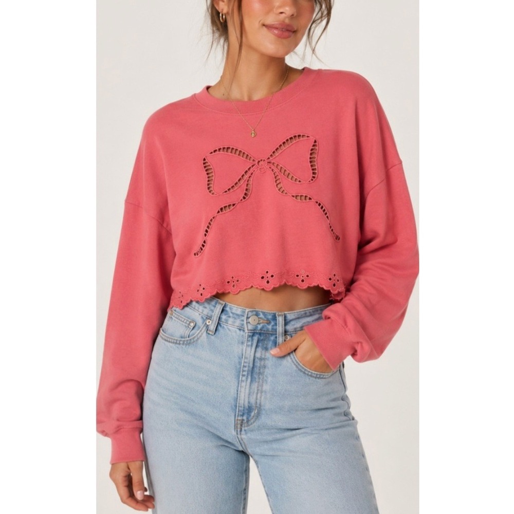 Simply Southern Bow Eyelet Cutout Cropped Sweatshirt Pink Relaxed Size Medium